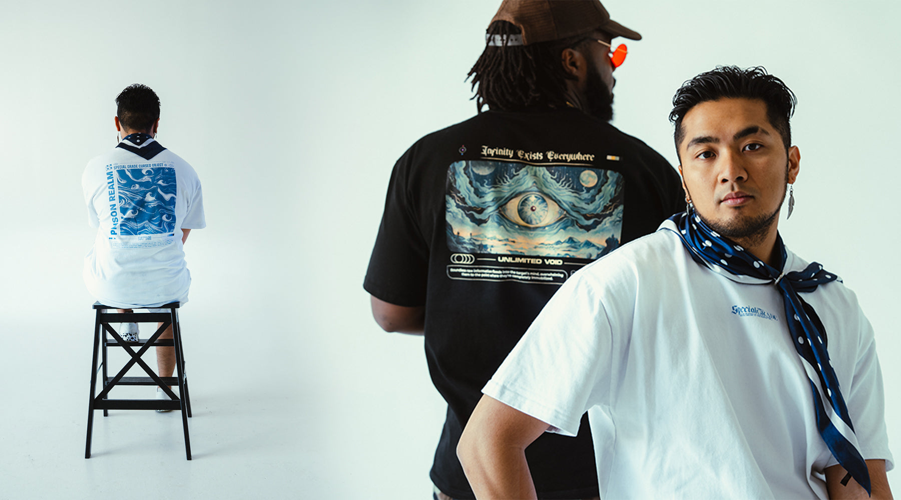 left side a man sitting with back facing camera with specialgrade sorcerer tshirt